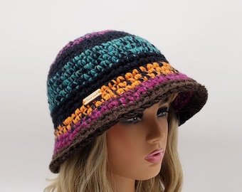 Handmade Wool Blend Cloche Hat: Deep Panama Brim, Crochet Bucket Hat