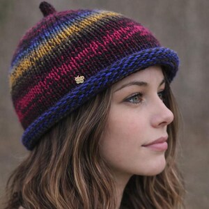 Hand knit roll edge Winter Hat. Black Multicolor Wool docker hat. Pippa Hat.