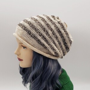 Striped Cotton Linen Beanie - Lightweight Knit Slouchy Hat