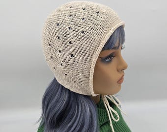 Knitted Cotton Summer Bonnet with Ties, Cream Lace Knit