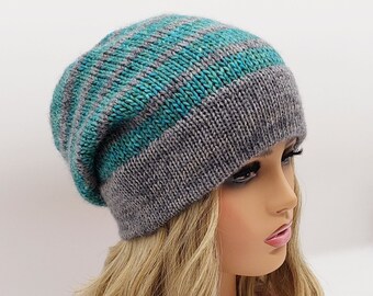 Handmade Slouchy Wool Beanie: Gray Multicolored Knit Hat