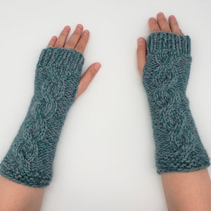 Handmade Aran Knit Fingerless Mittens: Green Gray Wool Arm Warmers