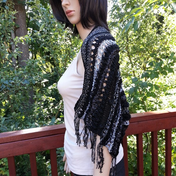 Unique Hand knit Black Bolero. Size Medium.  Fringe  Shrug. Summer top. Loose knit shrug. Boho style shgrug. Handmade Sweater.