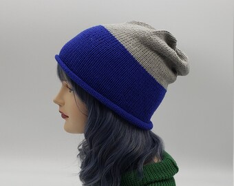 Blue and Gray Knitted Slouchy Beanie, Boho Cotton Summer Hat