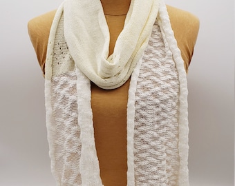 Handmade Boho Cotton Scarf - White Cream Summer Shawl