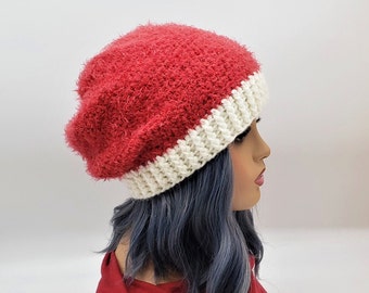 Hand crocheted Santa Hat. Red White. Wool Acrylic Santa Claus Handmade Christmas Hat Women's knit Winter Beanie Slouchy Knit Santa Hat.