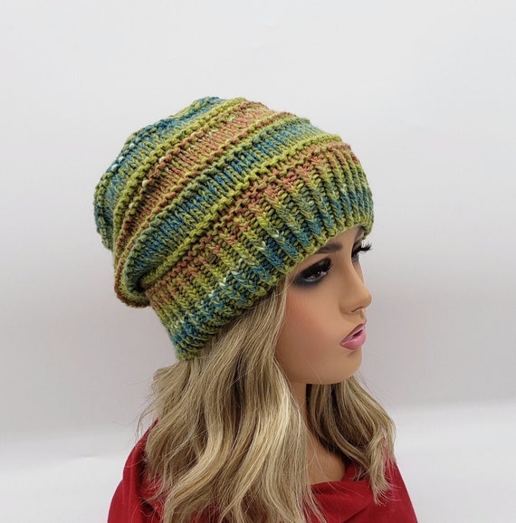 Handmade Wool Blend Slouchy Beanie: Green Brown Knit Winter  display picture 2