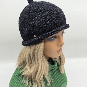 Hand knit roll edge Winter Hat. Black  Gray Wool docker hat. Pippa Hat.