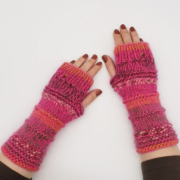 Beige Pink Burgundy Orange Brown Alpaca Wool Hand made Seamless knit mitts. Multicolored Winter Arm Warmers Fingerless Gloves