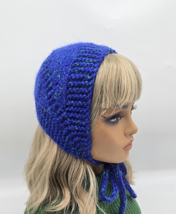 Hand Knit Retro Mohair Wool Hat. Blue Green Woman Bonnet 