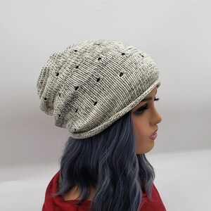 Handmade Cotton Slouchy Beanie: Gray Cream Knitted Boho Hat