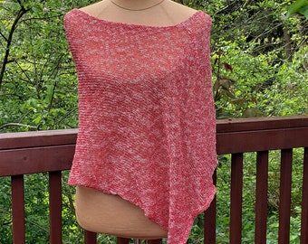 Red White Knitted Women Cotton Poncho. Summer Poncho. Loose knit Boho Poncho. Asymmetric Poncho.