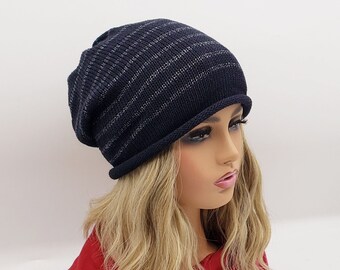 Handmade Striped Cotton Slouchy Beanie: Dark Navy Knit Boho Hat