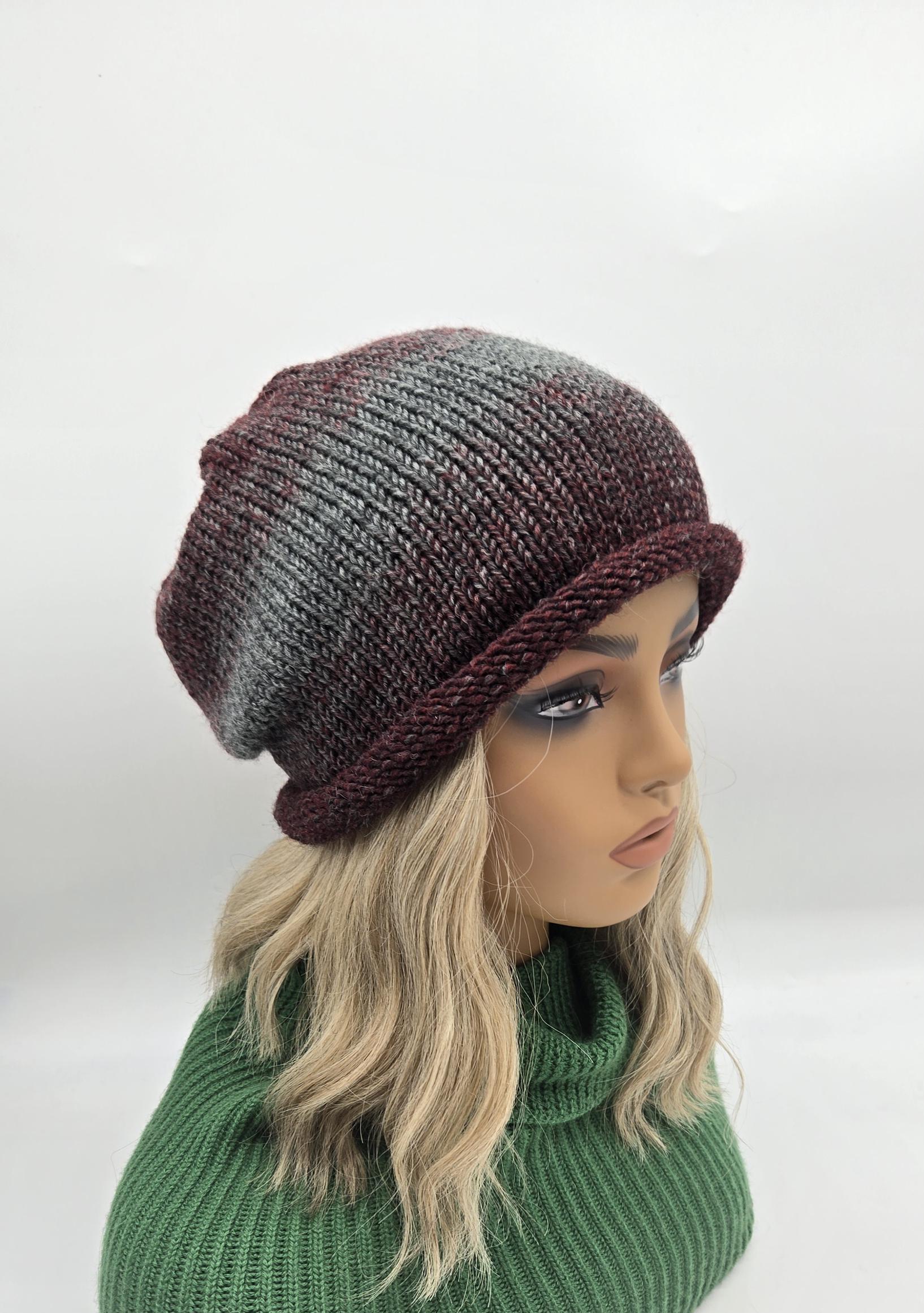 Women\'s Ombre Knit Textured Beanie - burgundy Cashmere Blend hat in Burgundy, Beanie Hat with Flower  main image 2