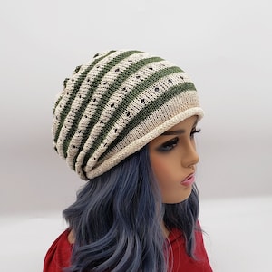 Striped Cotton Knit Beanie: Cream Green Slouchy Boho Hat