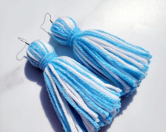 Baby Blue and White Tassel Yarn Earrings