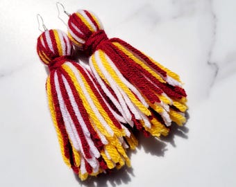 Burgundy, White and Gold Tassel Yarn Earrings