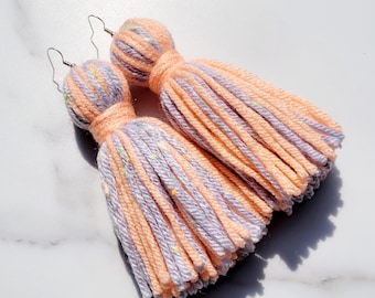 Peach and Gray Tassel Yarn Earrings