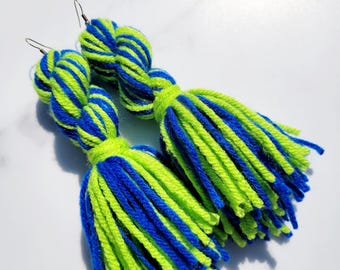 Twisted Royal Blue and Lime Green Tassel Yarn Earrings