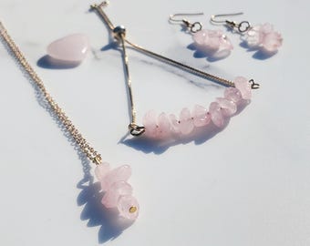 Rose Quartz Earrings, Necklace, Abjustable Bracelet and Heart Crystal Set