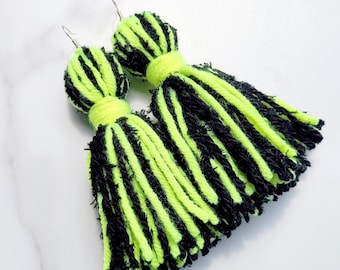 Highlighter Yellow and Fluffy Black Tassel Yarn Earrings