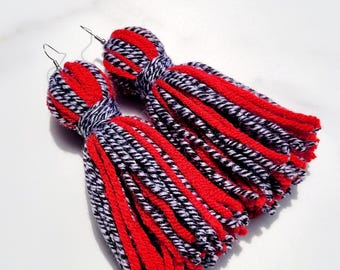 Red and Black Stripped Tassel Yarn Earrings