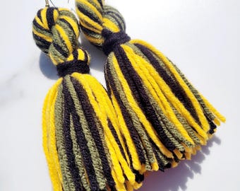 Twisted Forest Green, Yellow and Black Tassel Yarn Earrings
