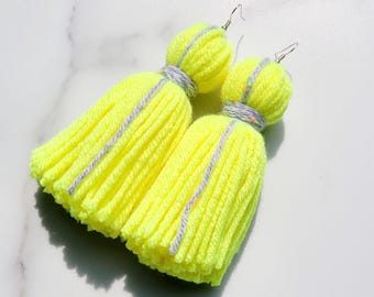 Highlighter Yellow and Gray Tassel Yarn Earrings