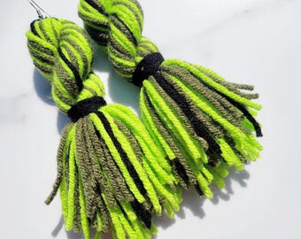 Twisted Lime Green and Forest Green Tassel Yarn Earrings