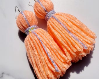 Peach and Gray Tassel Yarn Earrings