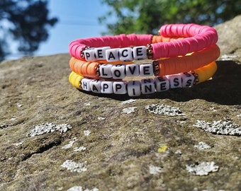 Peace Love Happiness Heishi Clay Disc Bracelet