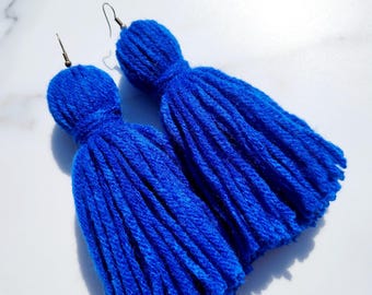Royal Blue Tassel Yarn Earrings