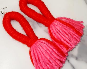 Valentines Red and Pink Loop Yarn Earrings