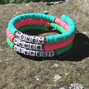 Money Power Respect Disc Clay Bracelet, Heishi Clay Beads Letter Bracelet