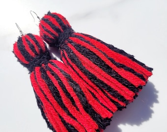 Fluffy Black and Red Tassel Yarn Earrings