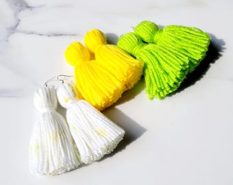 3 Piece Short Spotted White, Lime Green and Yellow Tassel Yarn Earrings
