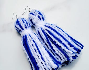 Royal Blue and Fluffy White Tassel Yarn Earrings