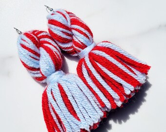 Twisted Red and Light Blue Tassel Yarn Earrings