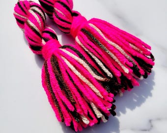 Pink and Camo Tassel Yarn Earrings