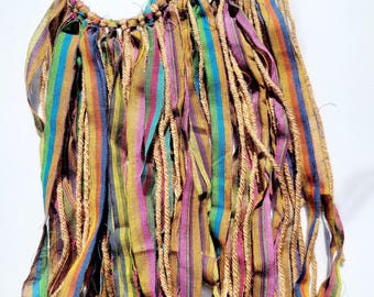 Hoop Fabric and Gold Tassel Yarn Earrings