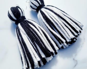 White and Black Tassel Yarn Earrings Chicago White Sox or Brooklyn Nets