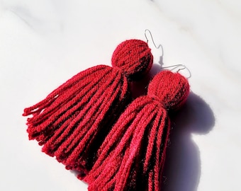 Burgundy Tassel Yarn Earrings