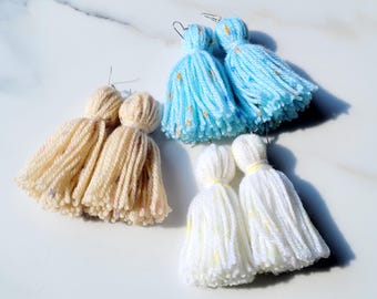Tassel Yarn Earrings: Spotted White, Blue, Beige - 3 Piece Set