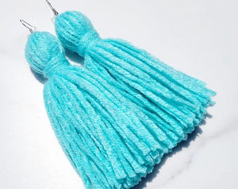 Aqua Blue Tassel Yarn Earrings