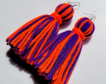 Purple and Bright Orange Tassel Yarn Earrings