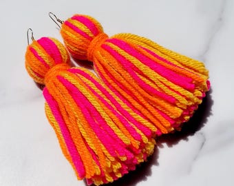 Bright Pink, Orange and Yellow Tassel Yarn Earrings