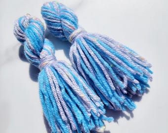 Twisted Baby Blue and Gray Tassel Yarn Earrings