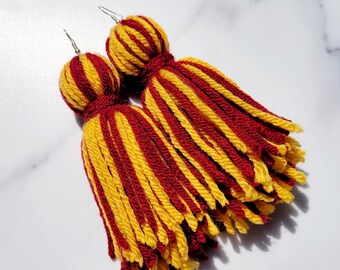 Burgundy and Gold Tassel Yarn Earrings