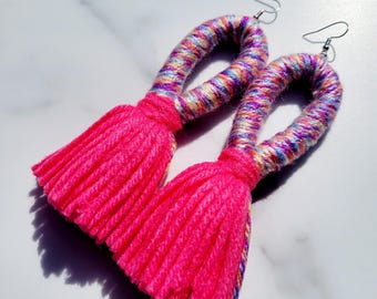 Purple Loop and Pink Tassel Yarn Earrings