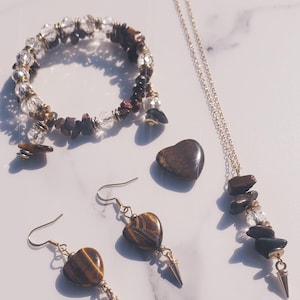 Tiger Eye Necklace, Heart Earrings, Bracelet and a Heart Crystal Set